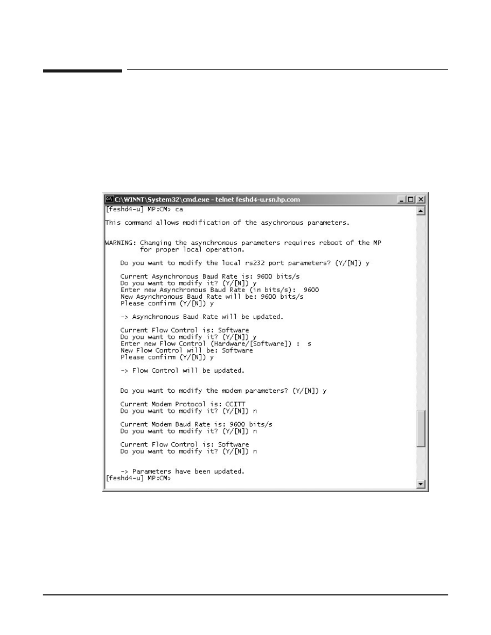 Mp command: ca, Ca - configure asynchronous & modem parameters, Access level—operator | Scope—complex, Exampleb2 ca command | HP A9834-9001B User Manual | Page 177 / 247