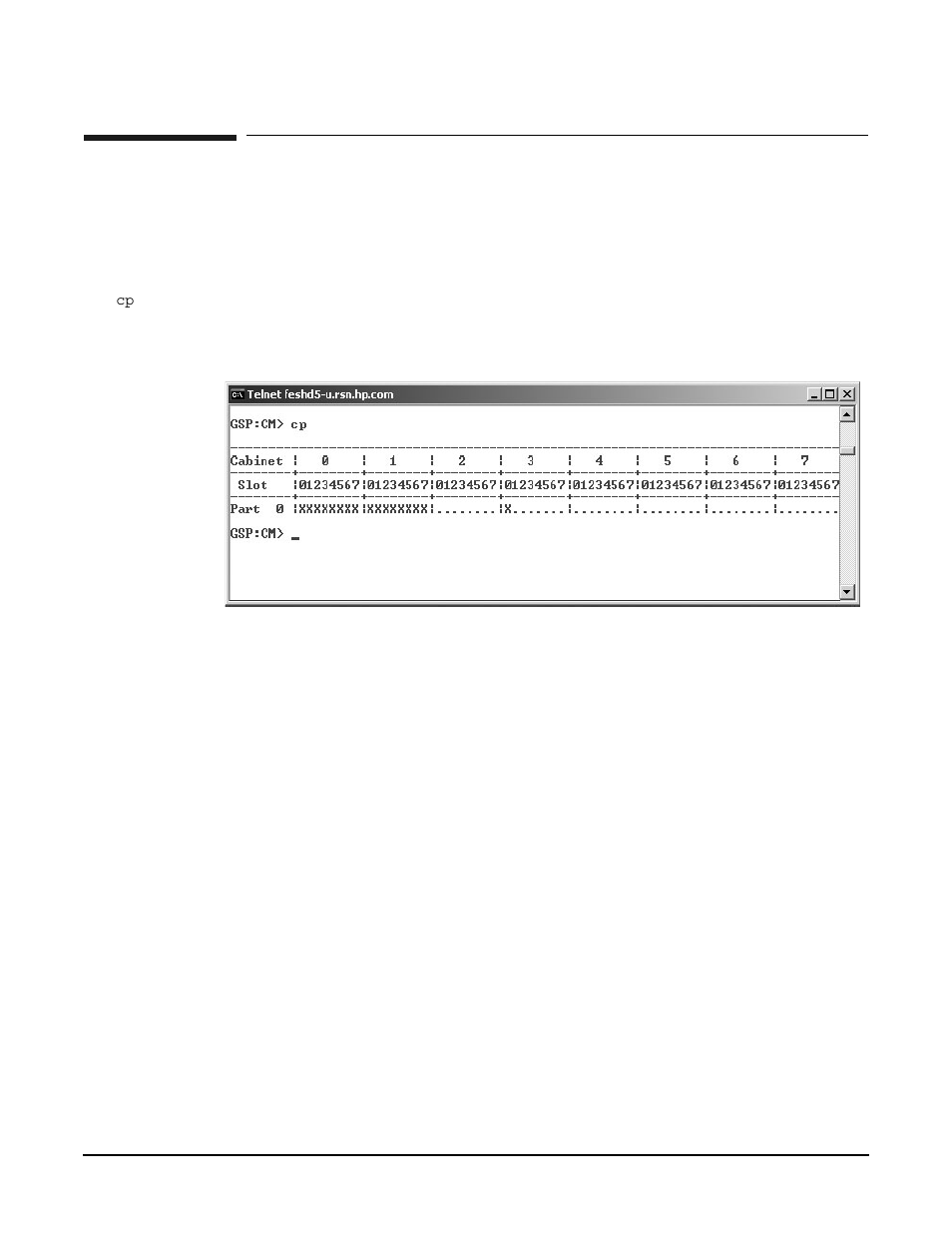Mp command: cp, Cp - cells assigned by partition, Access level - single partition user | Scope - complex, Exampleb4 cp command | HP A9834-9001B User Manual | Page 179 / 247