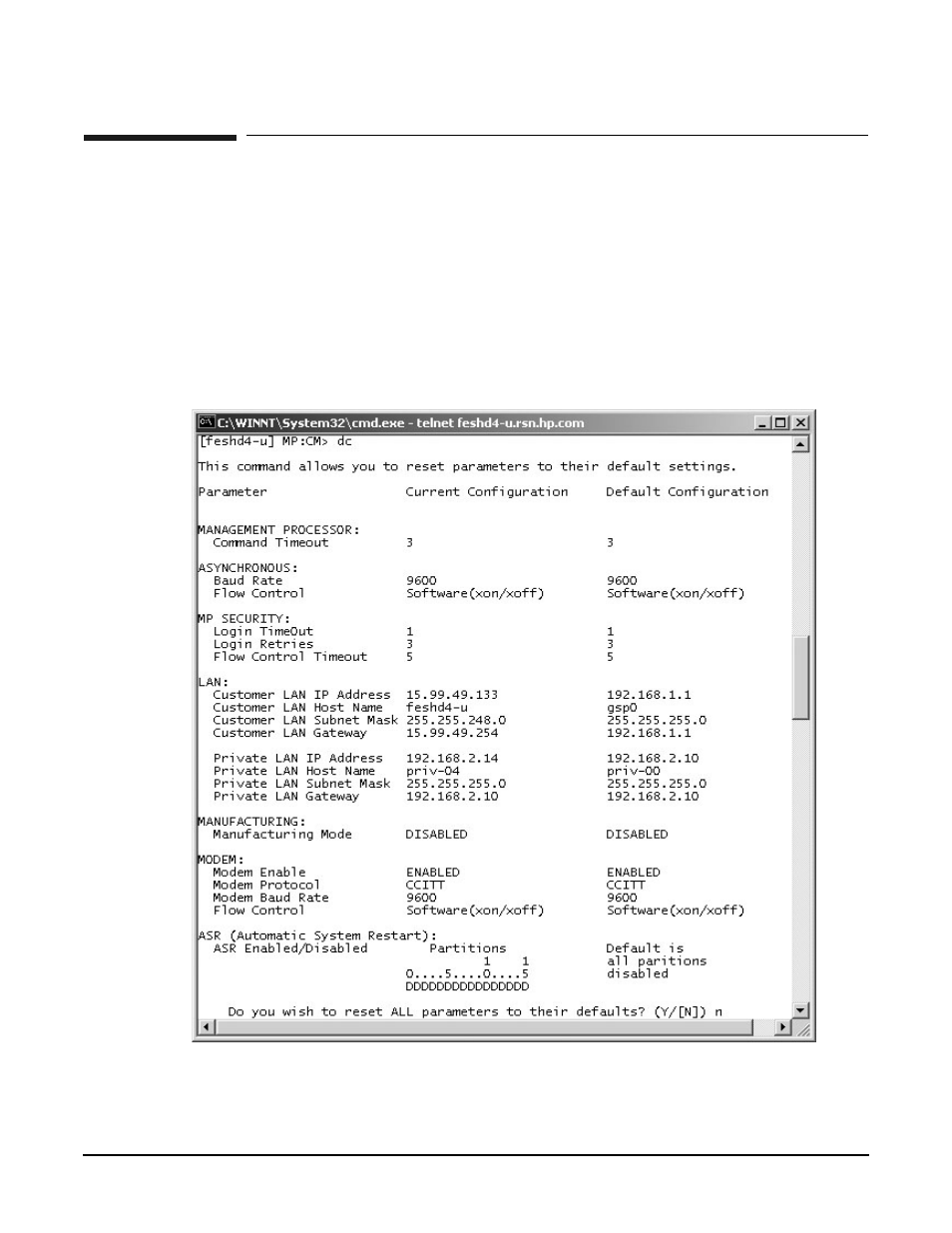Mp command: dc, Dc - default configuration, Access level—administratrix | Scope—complex, Exampleb6 dc command | HP A9834-9001B User Manual | Page 181 / 247