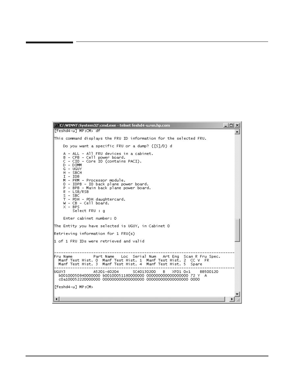 Mp command: df, Df - display fruid, Access level—single partition user | Scope—complex, Exampleb7 df command | HP A9834-9001B User Manual | Page 182 / 247