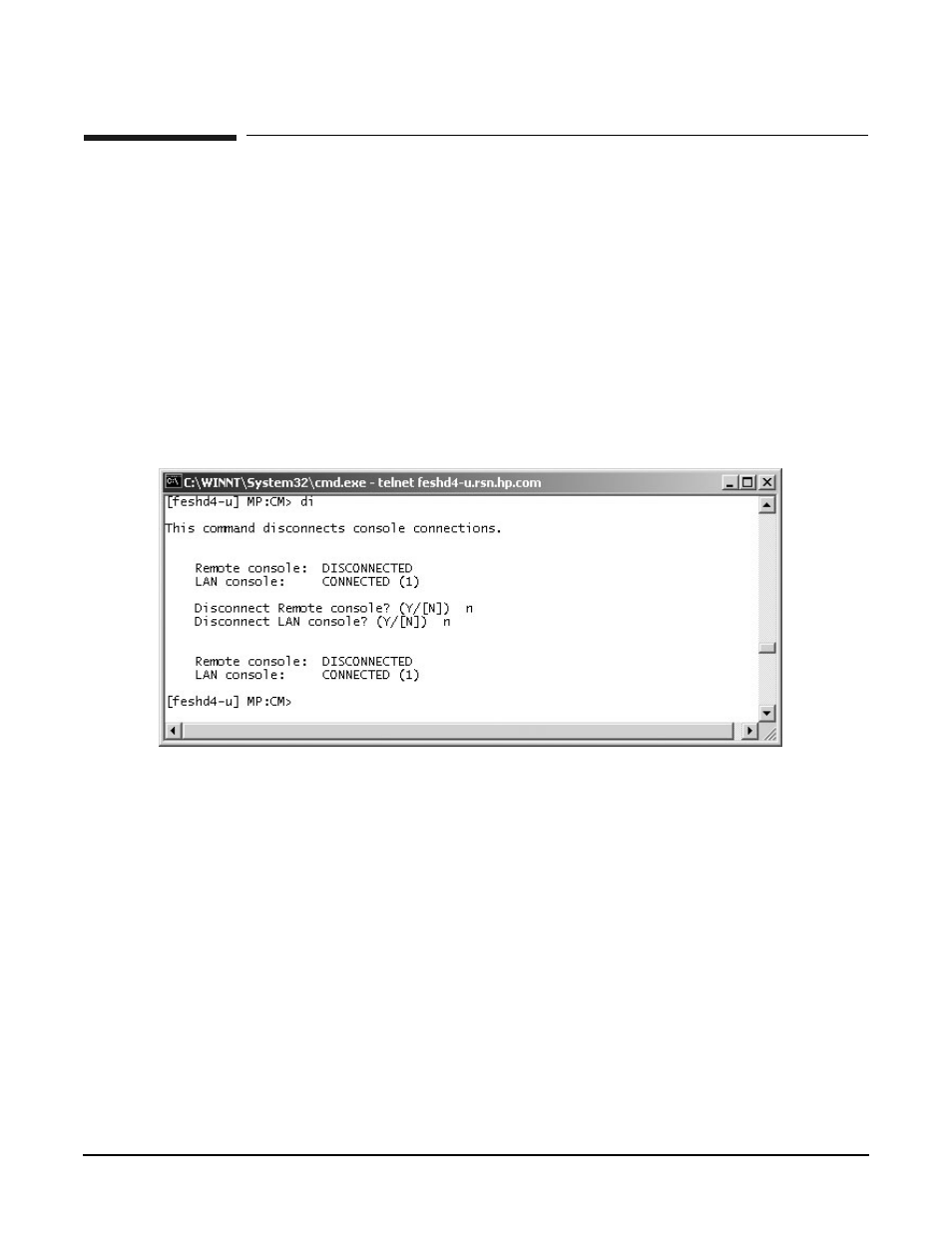 Mp command: di, Di - disconnect remote or lan console, Access level—operator | Scope—complex, Exampleb8 di command | HP A9834-9001B User Manual | Page 183 / 247