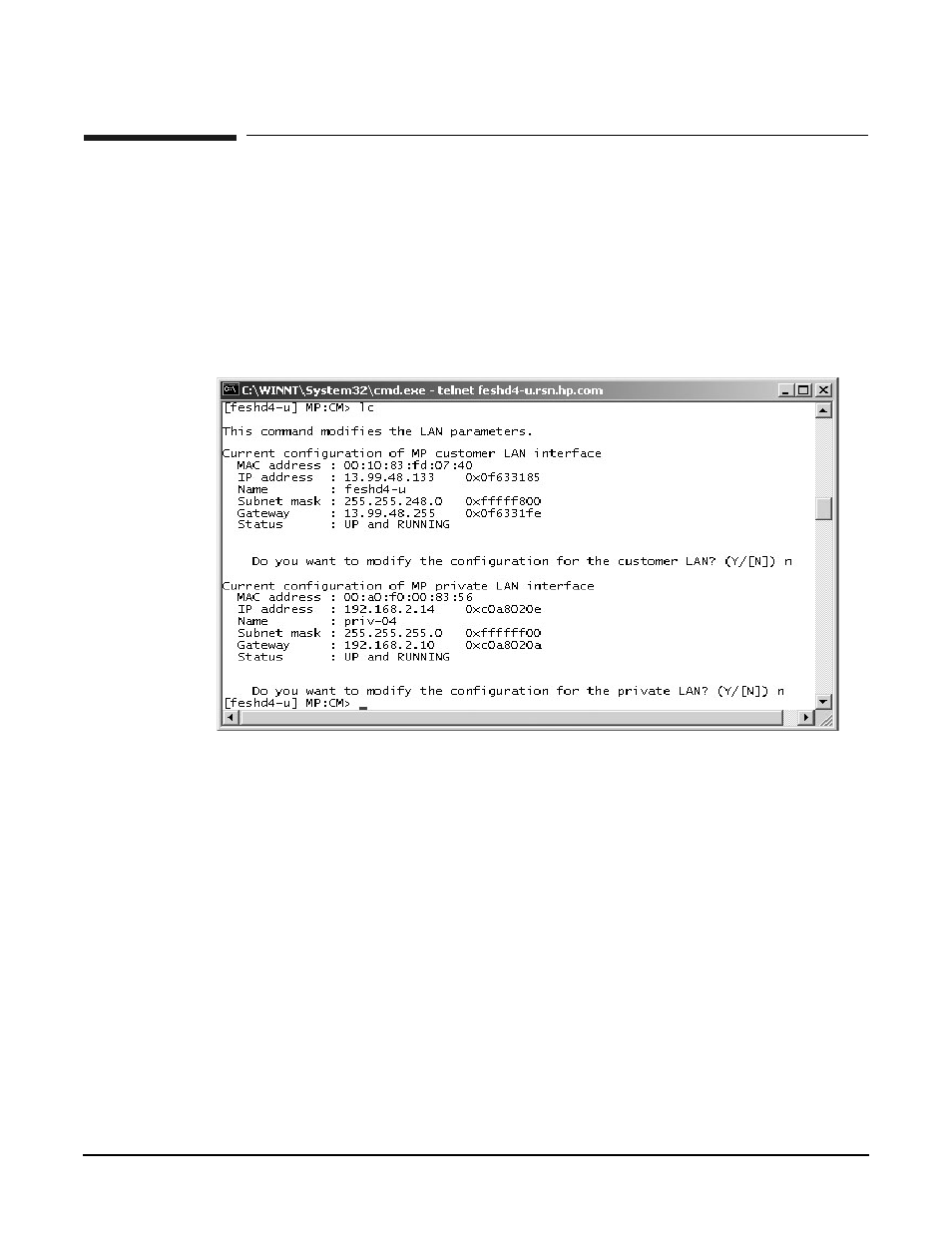 Mp command: lc, Lc - lan configuration, Access level—administrator | Scope—complex, Exampleb14 lc command | HP A9834-9001B User Manual | Page 191 / 247