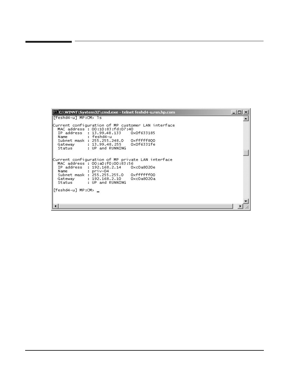 Mp command: ls, Ls - lan status, Access level—single partition user | Scope—complex, Exampleb15 ls command | HP A9834-9001B User Manual | Page 192 / 247