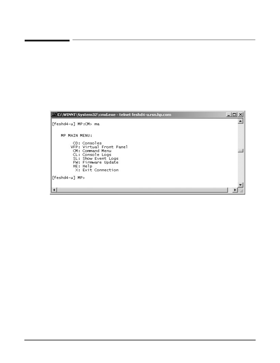 Mp command: ma, Ma - main menu, Access level—single partition user | Scope—n/a, Exampleb16 mp main menu | HP A9834-9001B User Manual | Page 193 / 247