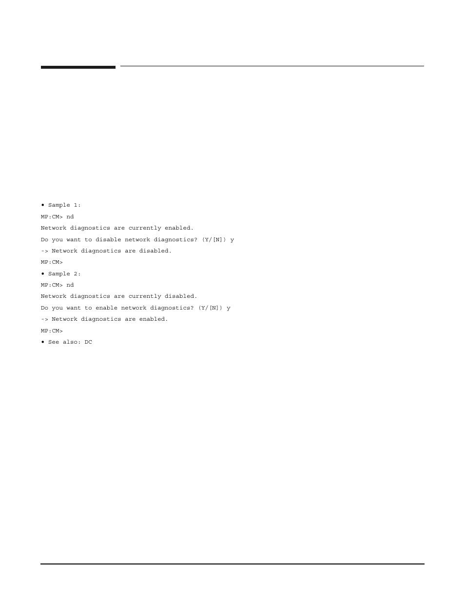 Mp command: nd, Nd - network diagnostics, Access level—administrator | Scope—complex, Exampleb17 nd command, Sample 1 | HP A9834-9001B User Manual | Page 194 / 247