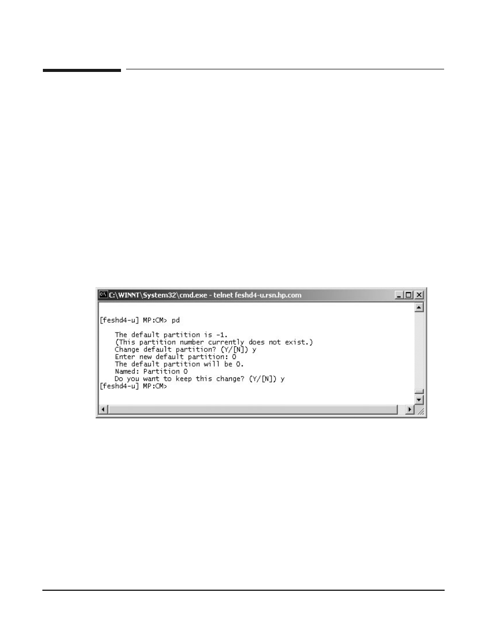 Mp command: pd, Pd - set default partition, Access level—operator | Scope—complex, Exampleb18 pd command, See also: re, so | HP A9834-9001B User Manual | Page 195 / 247