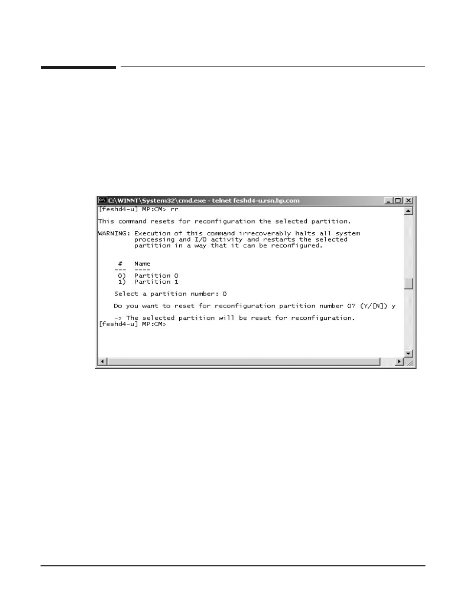 Mp command: rr, Rr - reset partition for re-configuration, Access level—single partition user | Scope—partition, Exampleb22 rr command | HP A9834-9001B User Manual | Page 202 / 247