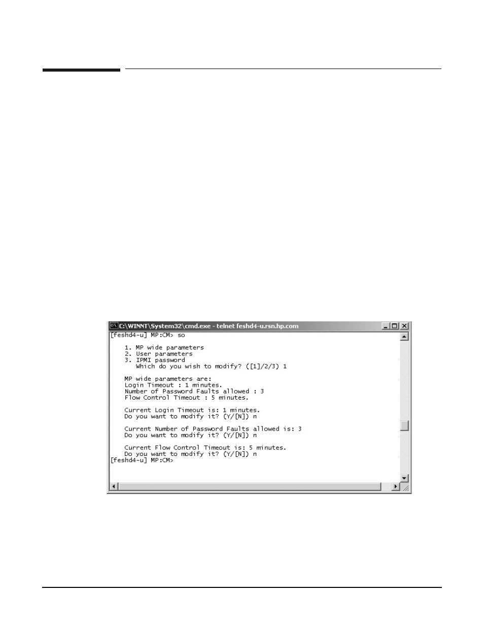 Mp command: so, Access level—administrator, Scope—complex | Login timeout, Number of password faults allowed, Flow control time-outs, User parameters, User name, Organization name, Access level | HP A9834-9001B User Manual | Page 205 / 247