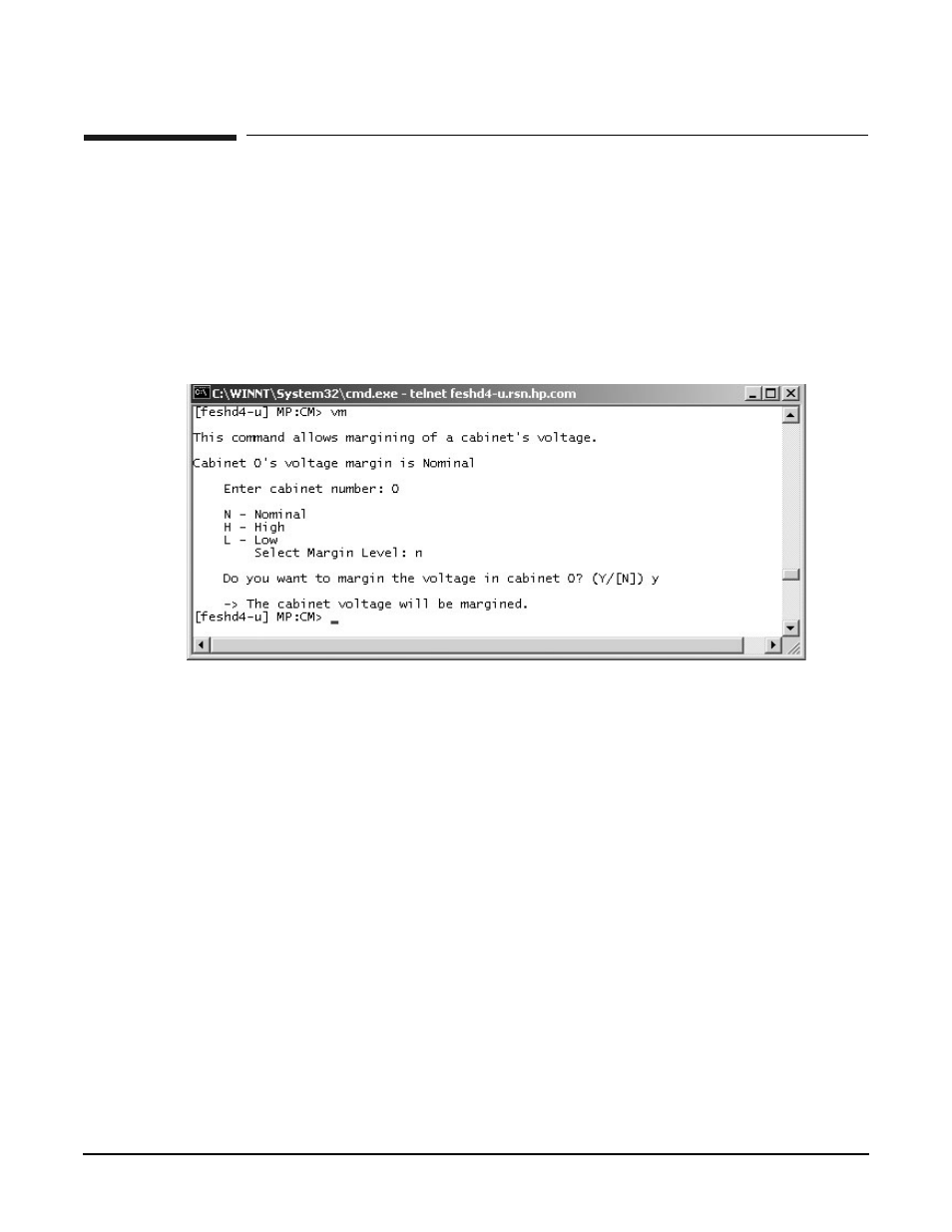 Mp command: vm, Vm - voltage margin, Access level—single partition user | Scope—cabinet, Exampleb27 vm command | HP A9834-9001B User Manual | Page 209 / 247