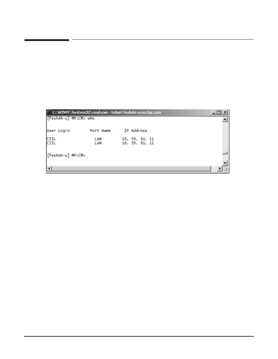 Mp command: who, Who - display list of connected users, Access level—single partition user | Scope—complex, Exampleb28 who command | HP A9834-9001B User Manual | Page 210 / 247