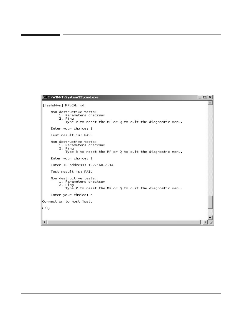 Mp command: xd, Xd - diagnostic and reset of mp, Access level—operator | Scope—complex, Exampleb29 xd command | HP A9834-9001B User Manual | Page 211 / 247