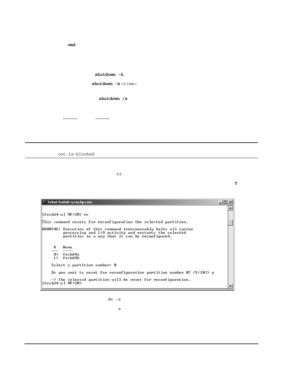 Hp-ux: enter the, Linux: enter the, Windows: enter the | Step 4. exit the partition console by entering, Step 5. repeat, Preparing the partitions for shutdown, Step 1. from the cm> prompt, issue an, Figurec8 issuing an rr command, Step 3. at the cm> prompt, enter a, Step 4. from the de menu prompt, enter | HP A9834-9001B User Manual | Page 218 / 247