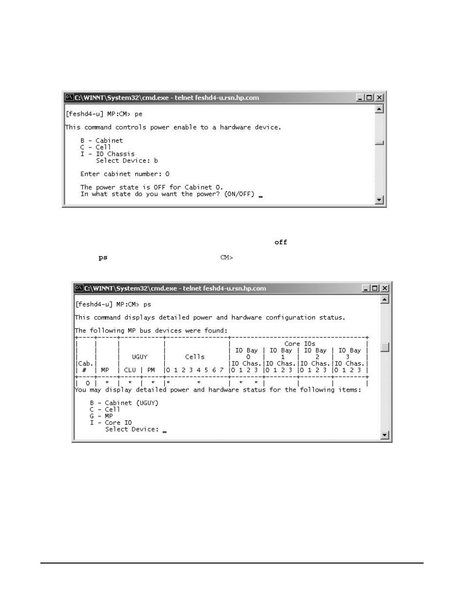 Step 1.  from the command menu, enter pe, Figurec10 power entity command, Step 4.  enter | Figurec11 power status first window | HP A9834-9001B User Manual | Page 220 / 247