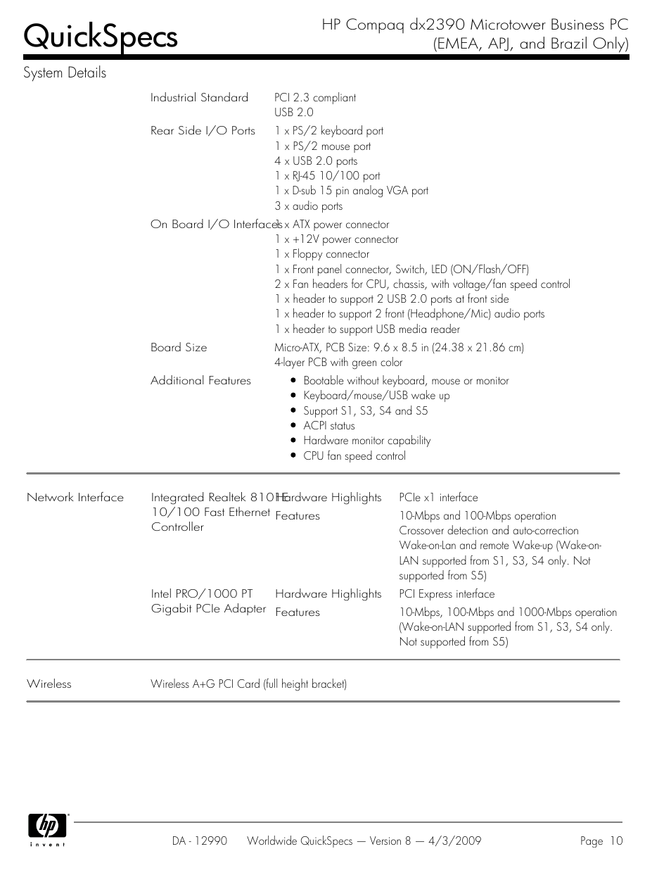 Quickspecs | HP DX2390 User Manual | Page 10 / 49