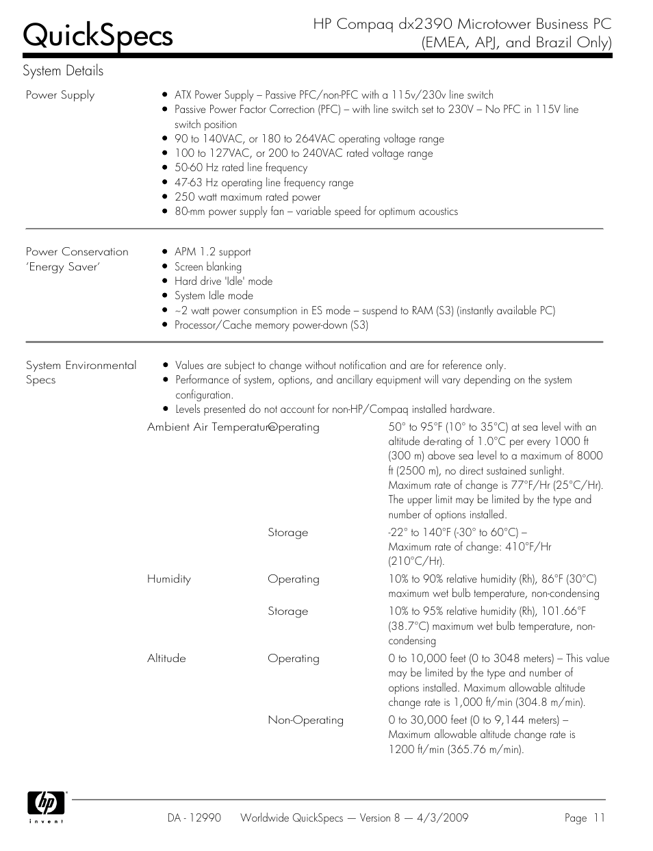 Quickspecs | HP DX2390 User Manual | Page 11 / 49