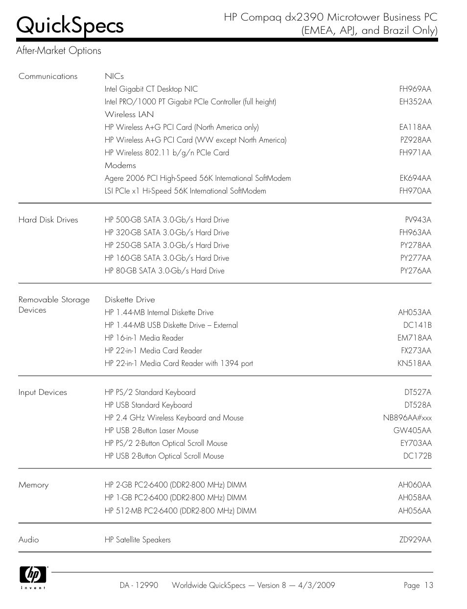 After-market options, Quickspecs | HP DX2390 User Manual | Page 13 / 49