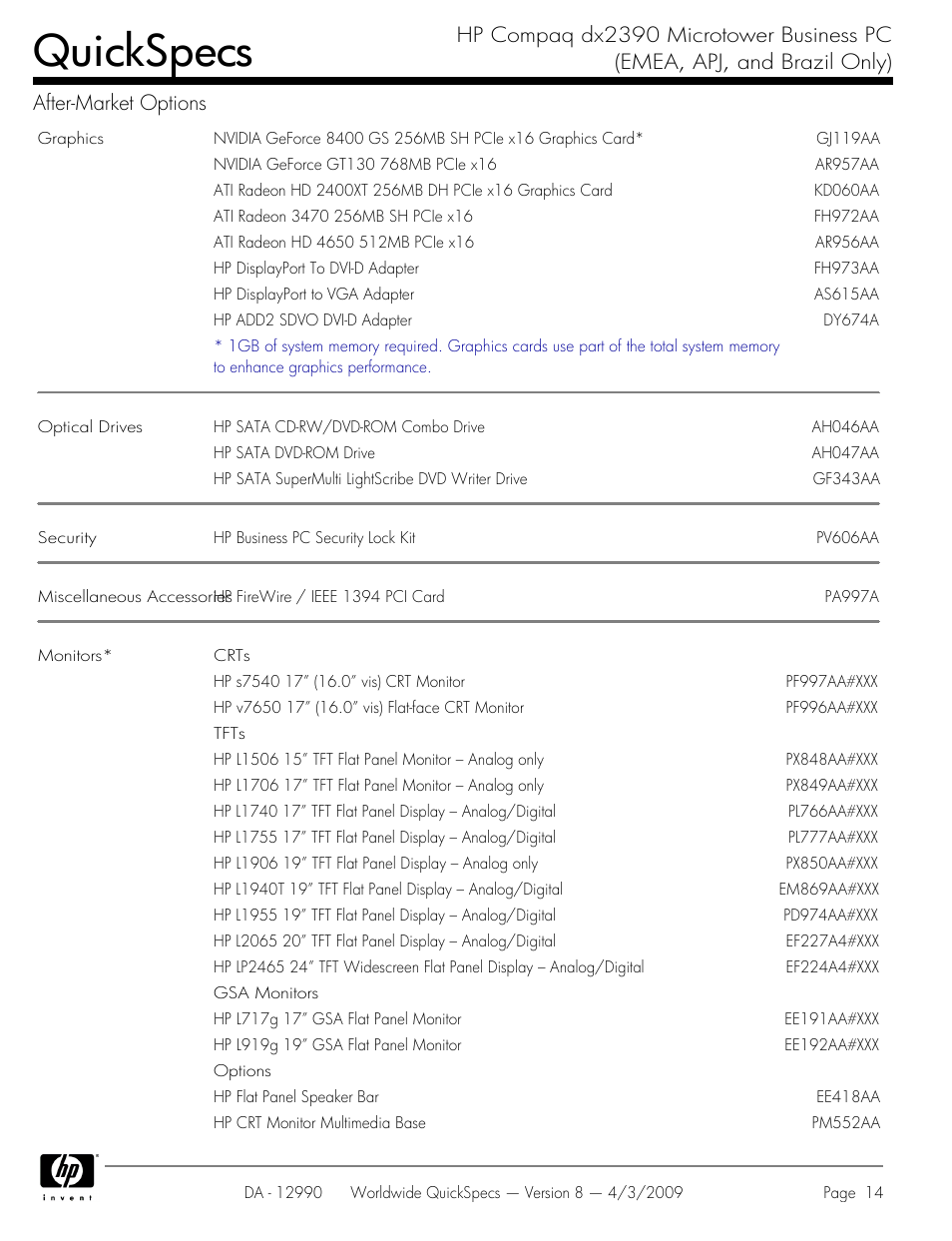 Quickspecs | HP DX2390 User Manual | Page 14 / 49