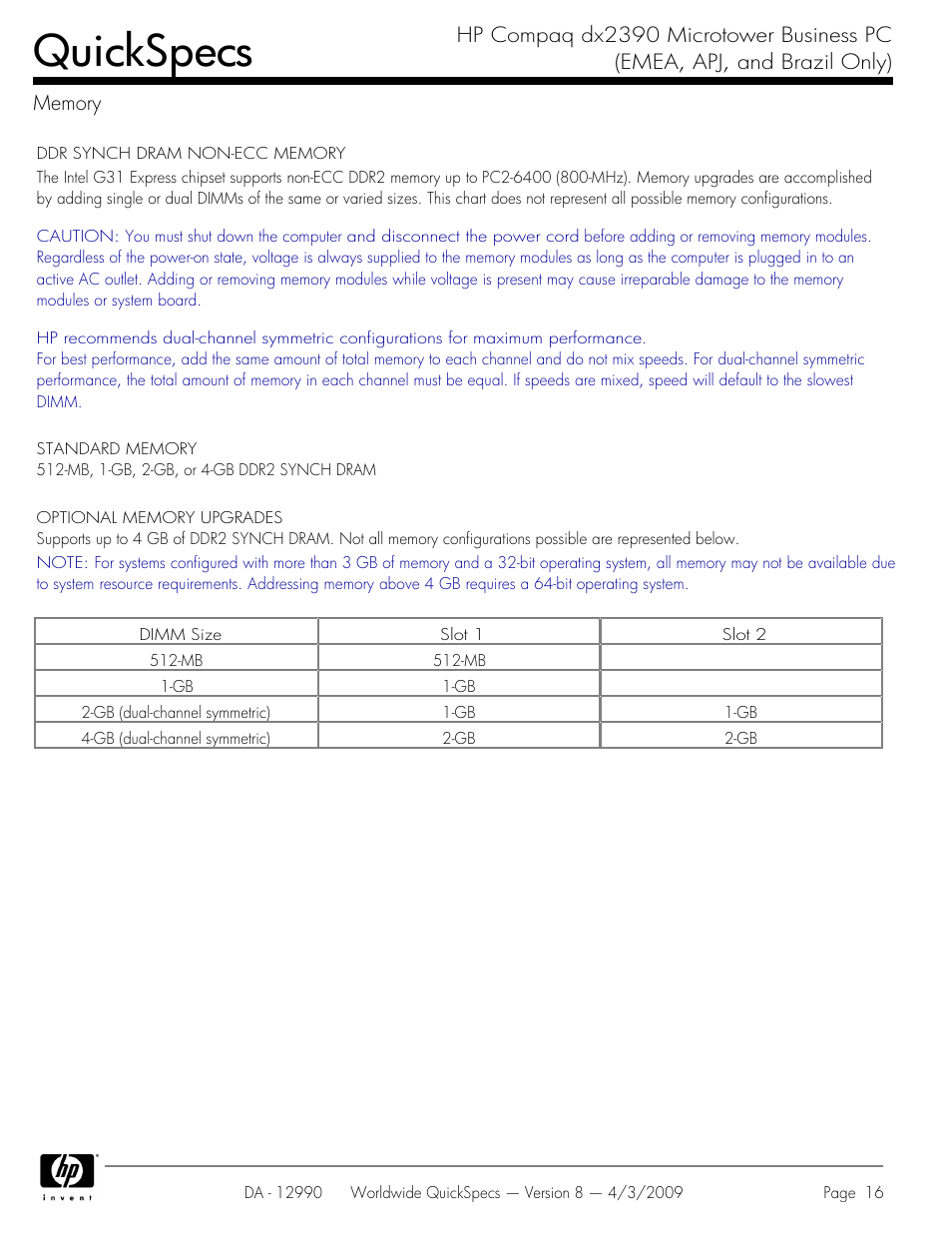 Memory, Quickspecs | HP DX2390 User Manual | Page 16 / 49