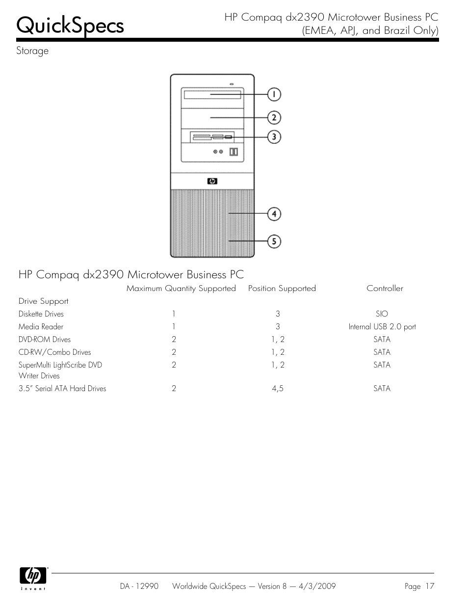 Storage, Quickspecs, Hp compaq dx2390 microtower business pc | HP DX2390 User Manual | Page 17 / 49