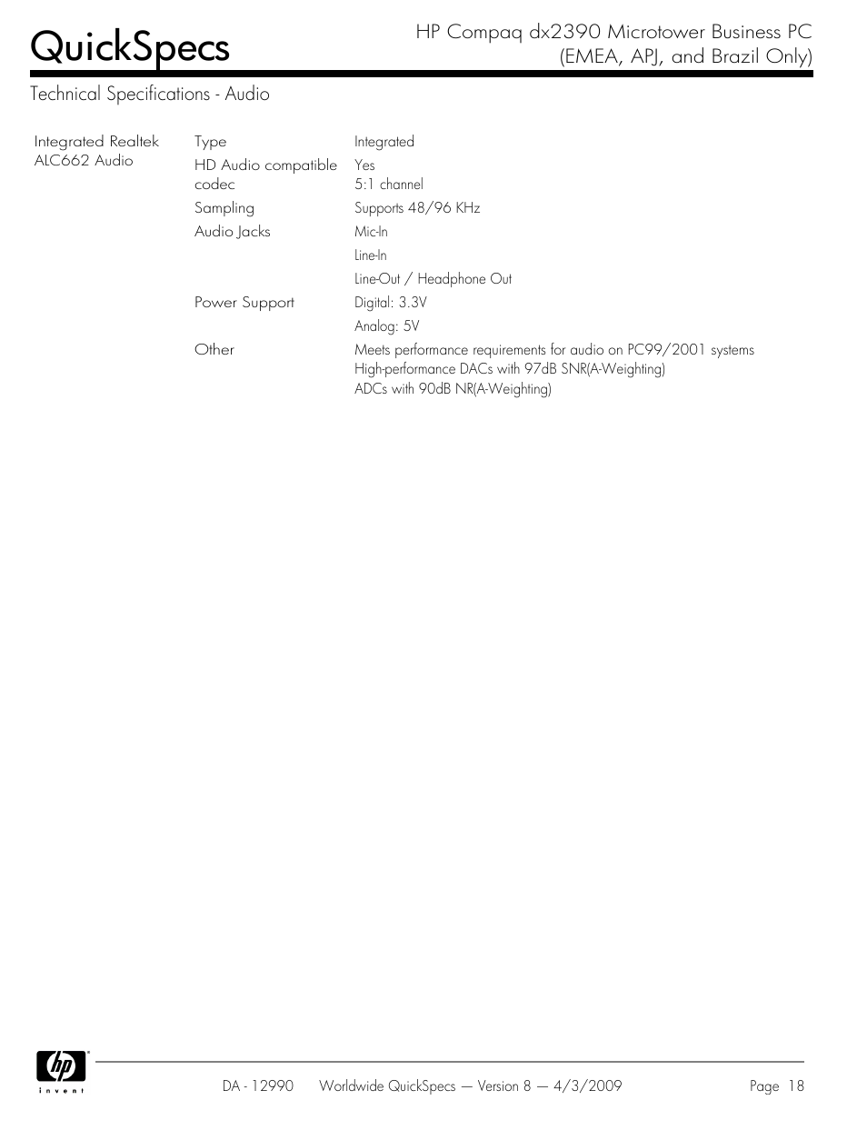 Technical specifications - audio, Quickspecs | HP DX2390 User Manual | Page 18 / 49