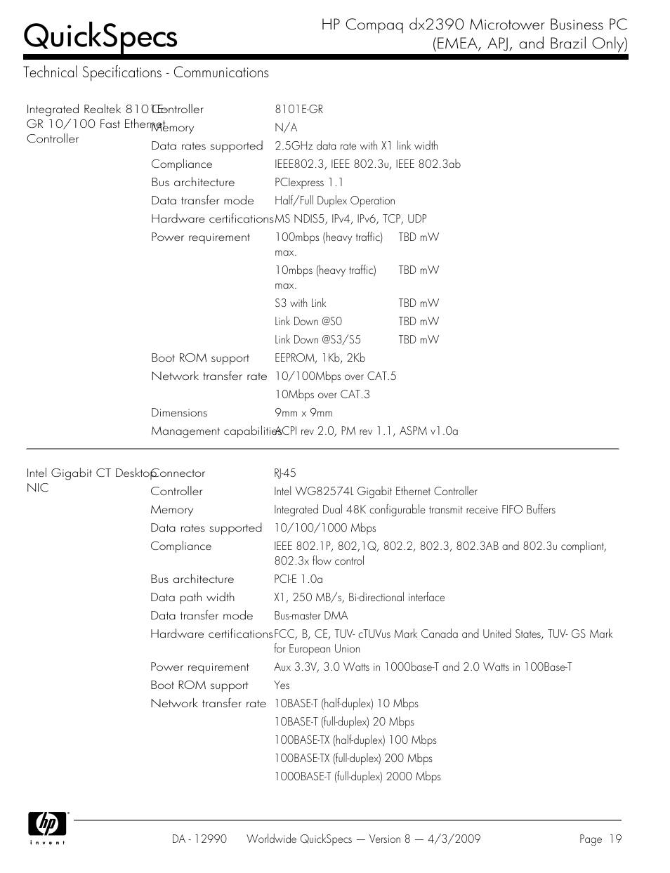 Technical specifications - communications, Quickspecs | HP DX2390 User Manual | Page 19 / 49
