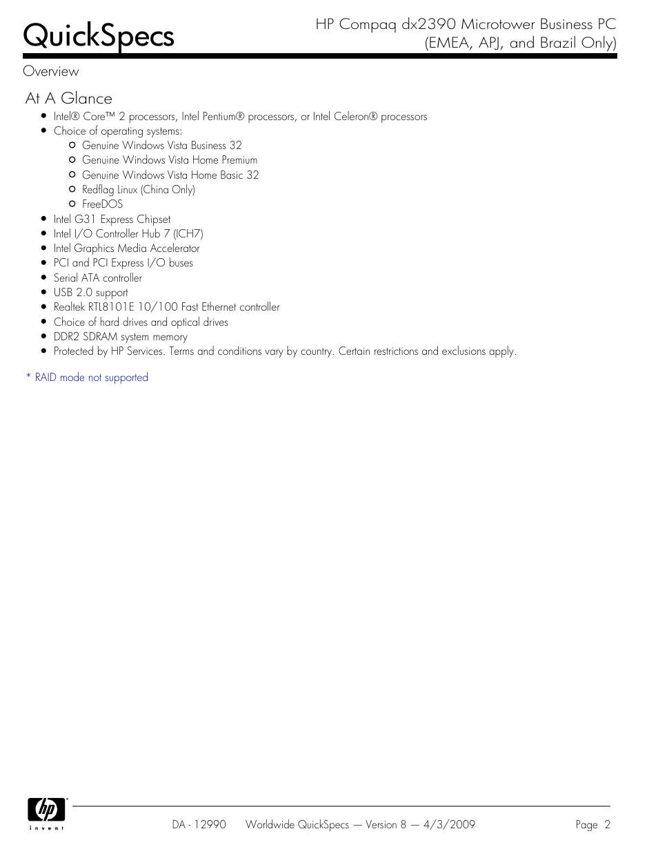 Quickspecs | HP DX2390 User Manual | Page 2 / 49
