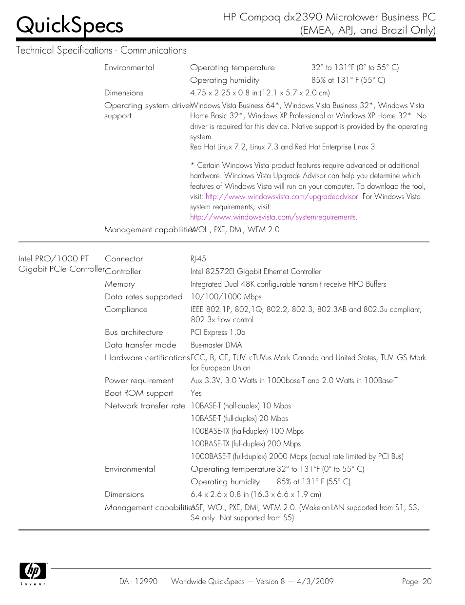 Quickspecs | HP DX2390 User Manual | Page 20 / 49