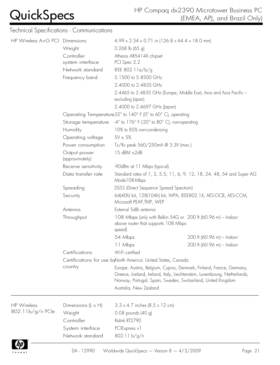 Quickspecs | HP DX2390 User Manual | Page 21 / 49