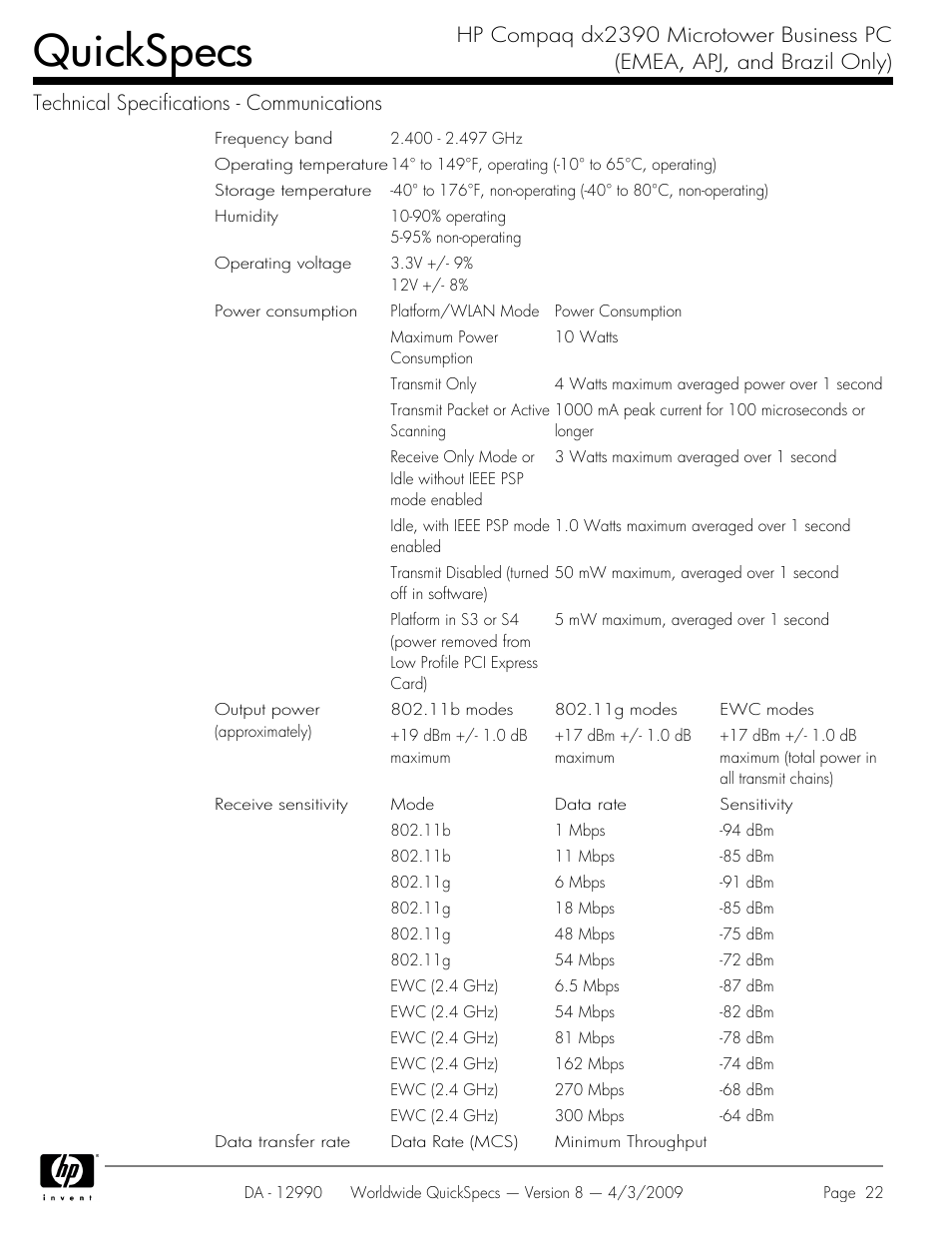 Quickspecs | HP DX2390 User Manual | Page 22 / 49