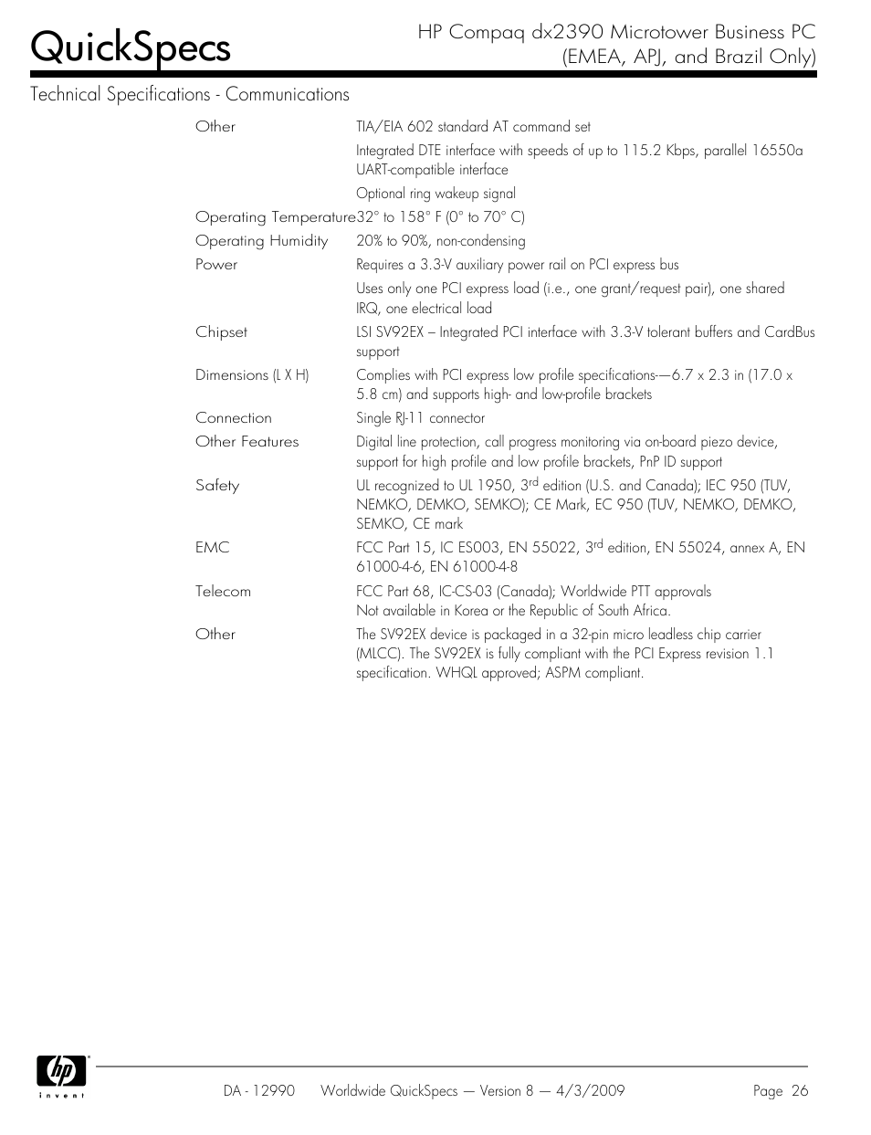 Quickspecs | HP DX2390 User Manual | Page 26 / 49