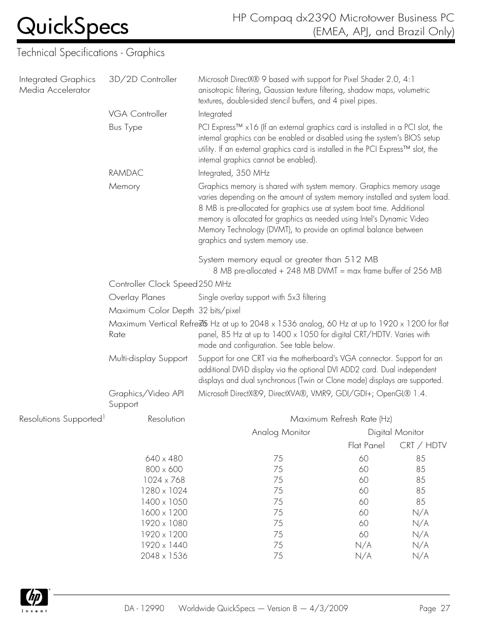 Technical specifications - graphics, Quickspecs | HP DX2390 User Manual | Page 27 / 49