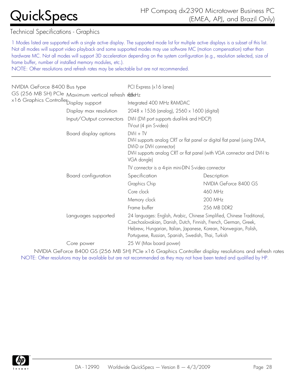 Quickspecs | HP DX2390 User Manual | Page 28 / 49