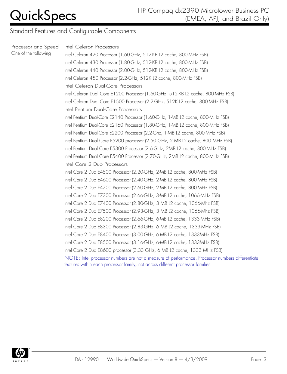 Standard features and configurable components, Quickspecs | HP DX2390 User Manual | Page 3 / 49