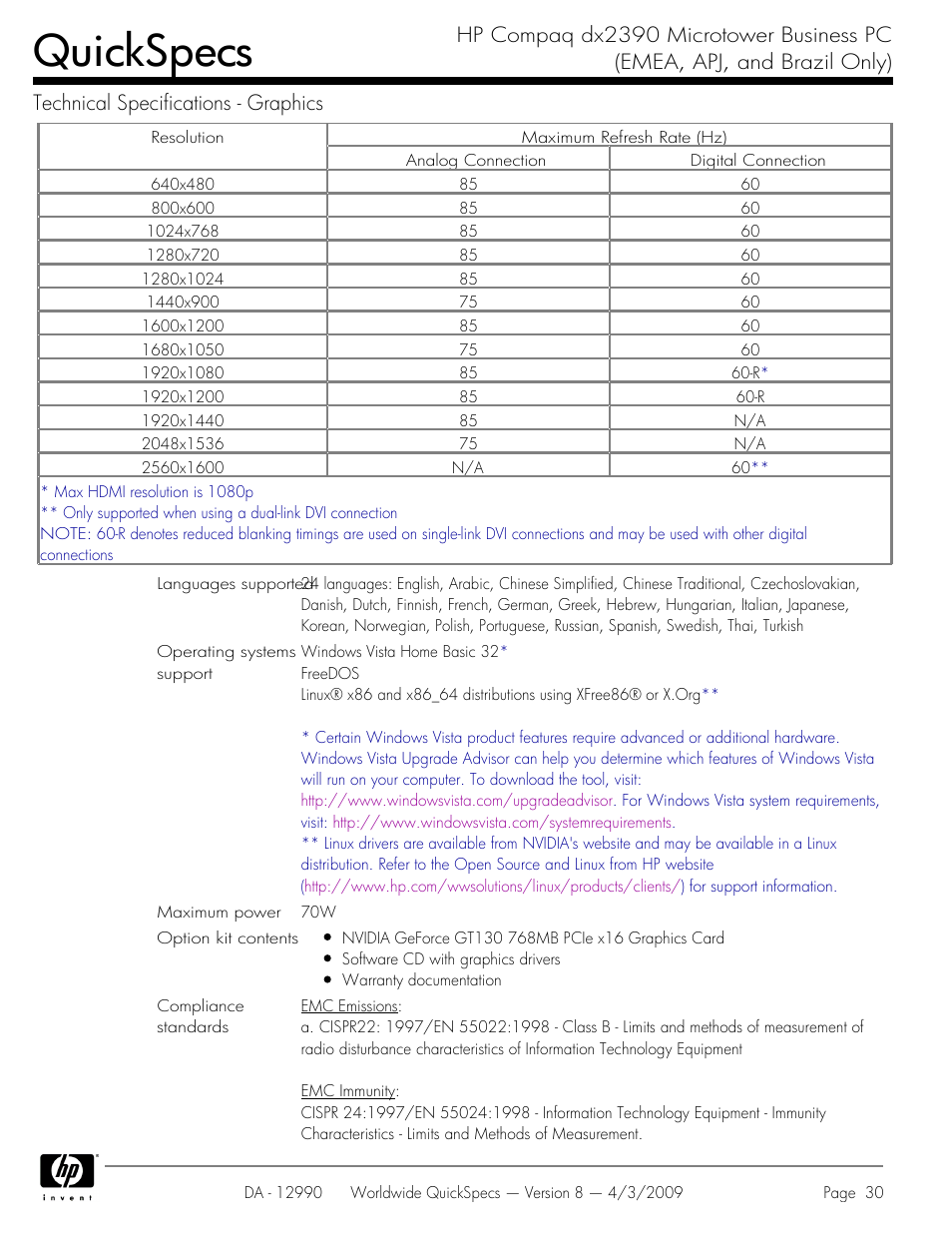 Quickspecs | HP DX2390 User Manual | Page 30 / 49
