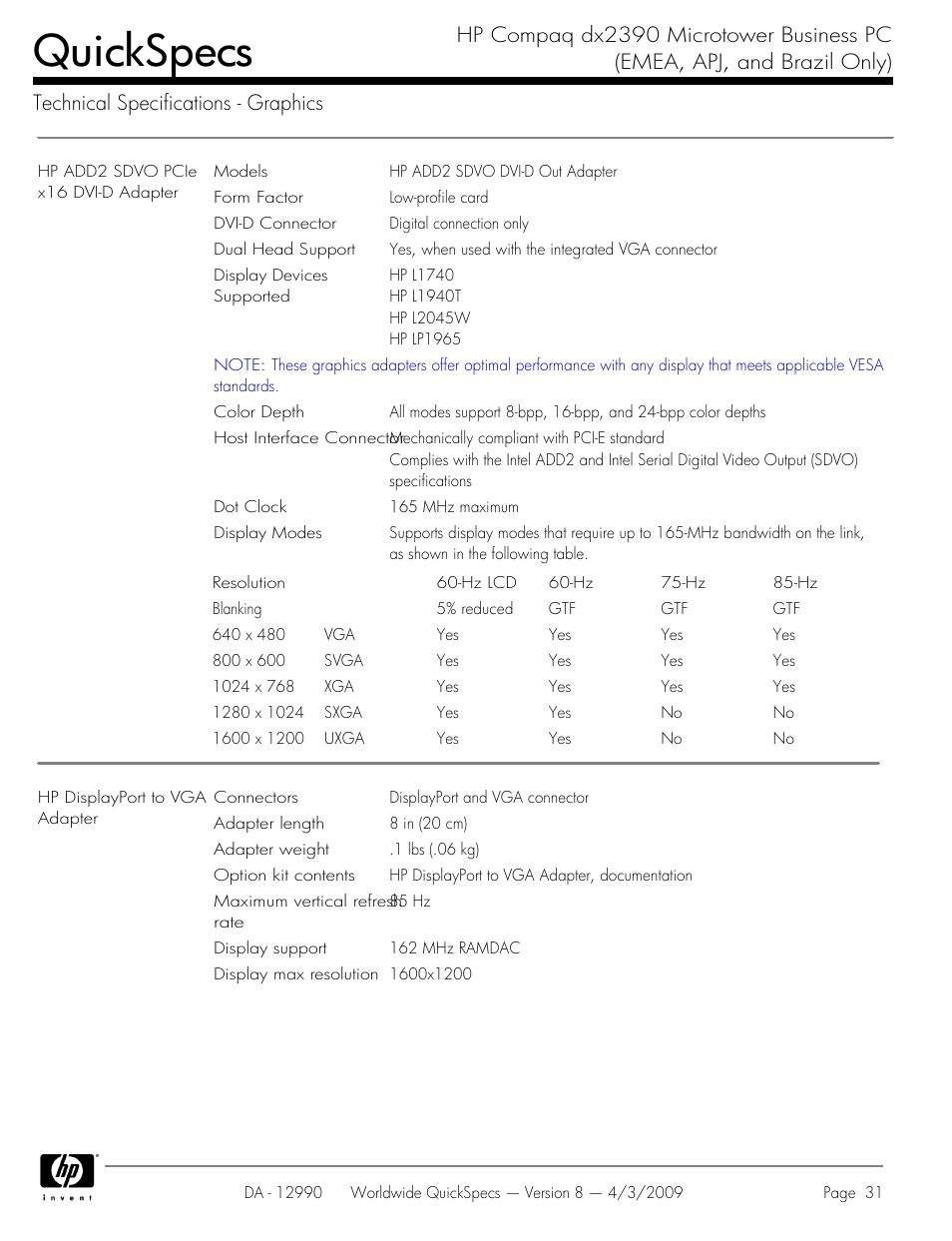 Quickspecs | HP DX2390 User Manual | Page 31 / 49