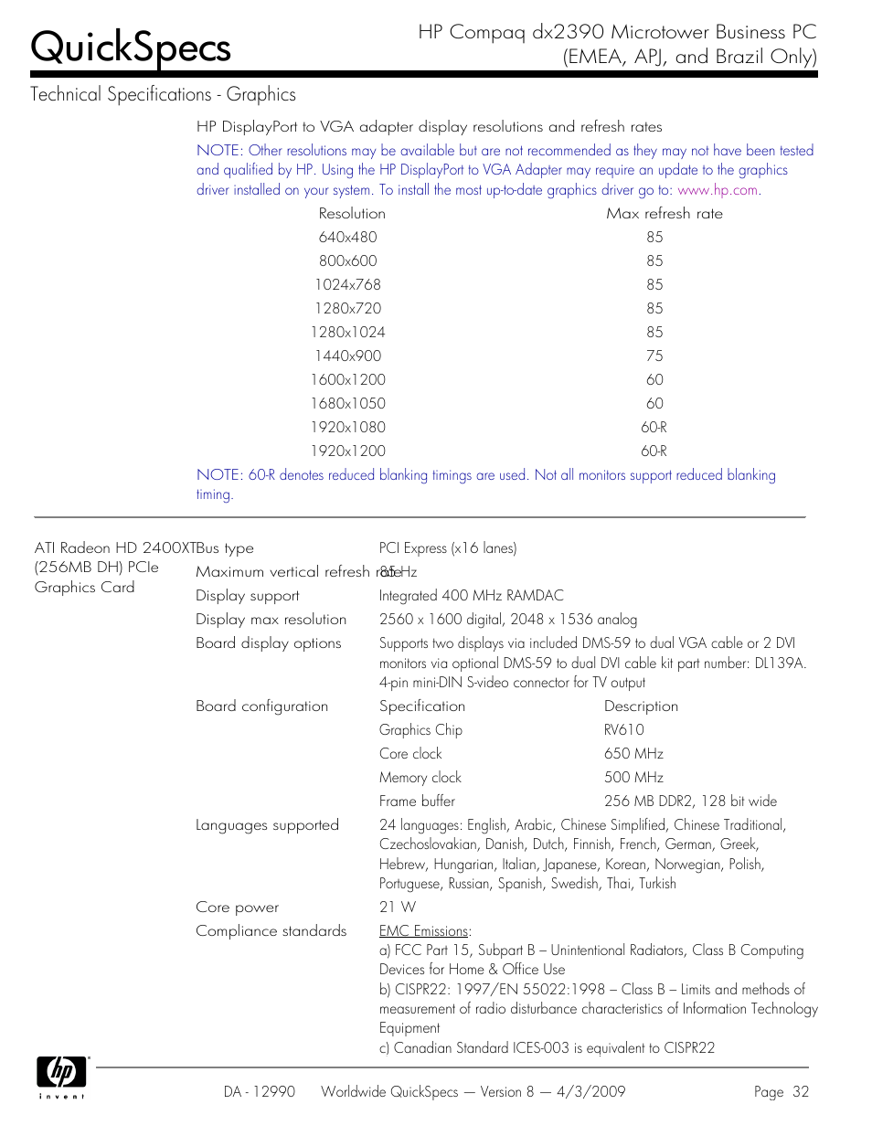 Quickspecs | HP DX2390 User Manual | Page 32 / 49