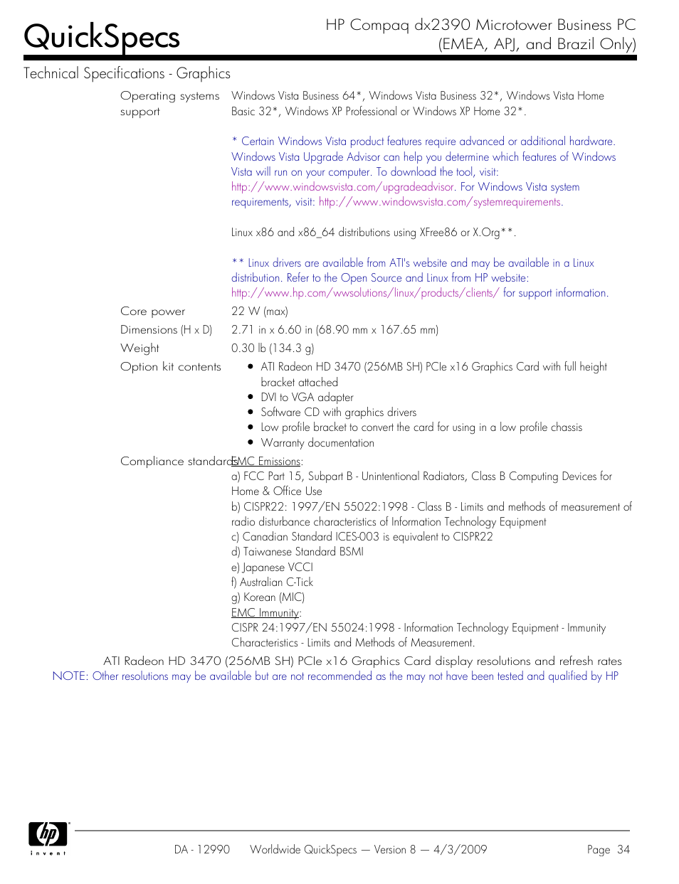 Quickspecs | HP DX2390 User Manual | Page 34 / 49