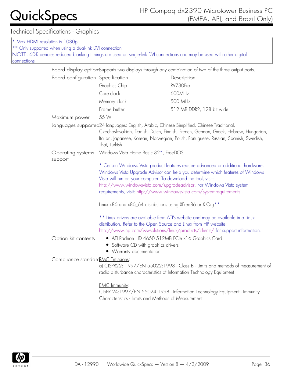 Quickspecs | HP DX2390 User Manual | Page 36 / 49