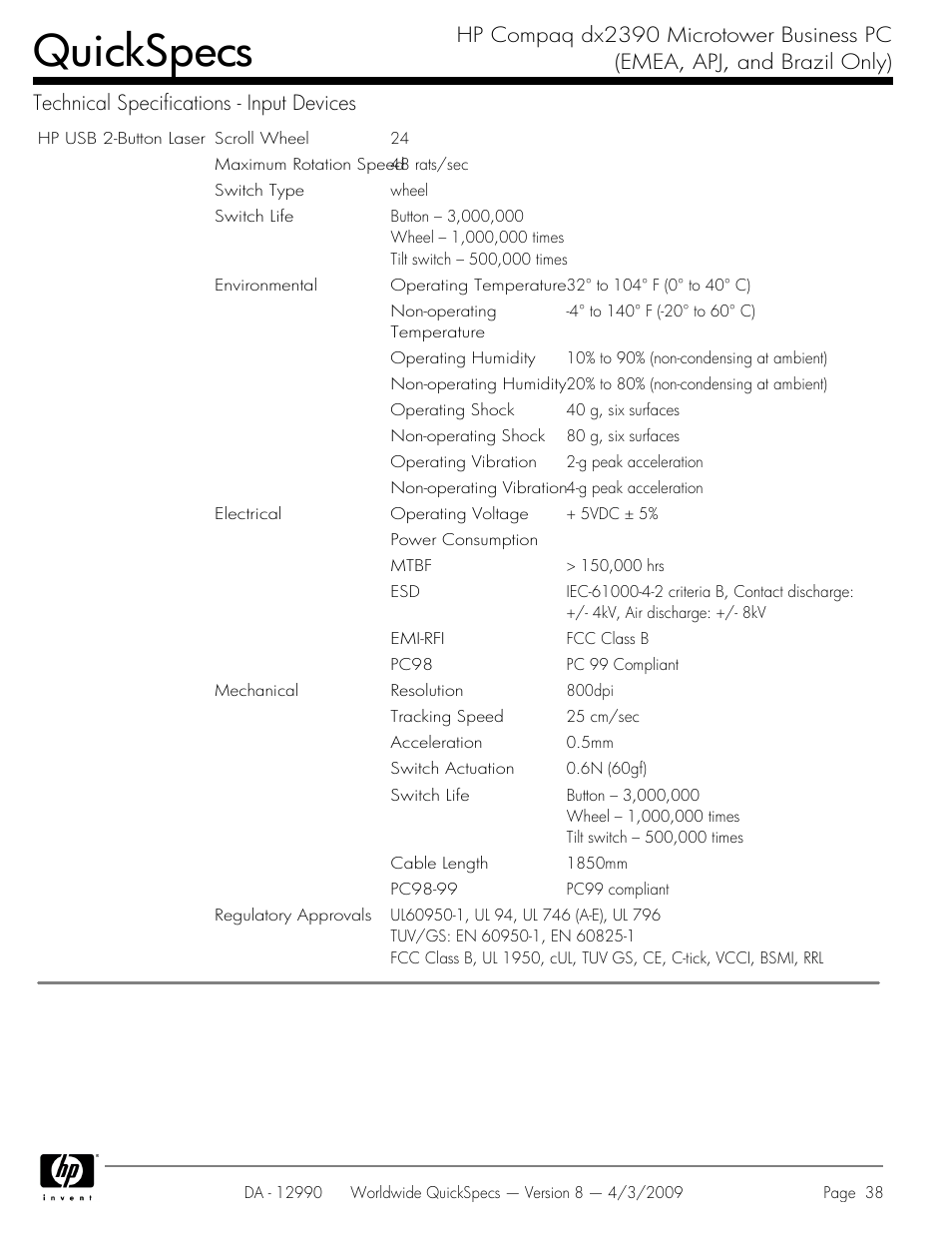 Quickspecs | HP DX2390 User Manual | Page 38 / 49