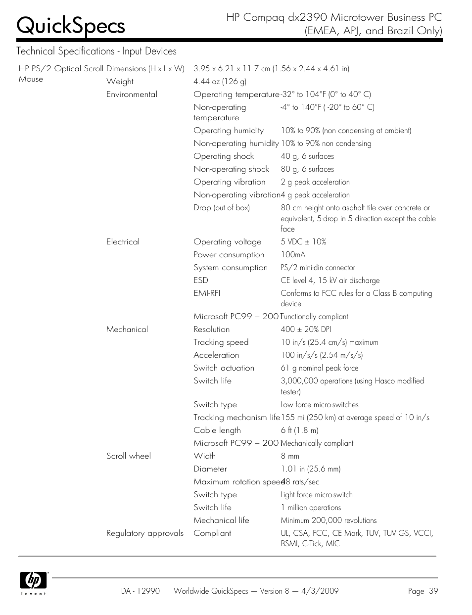 Quickspecs | HP DX2390 User Manual | Page 39 / 49