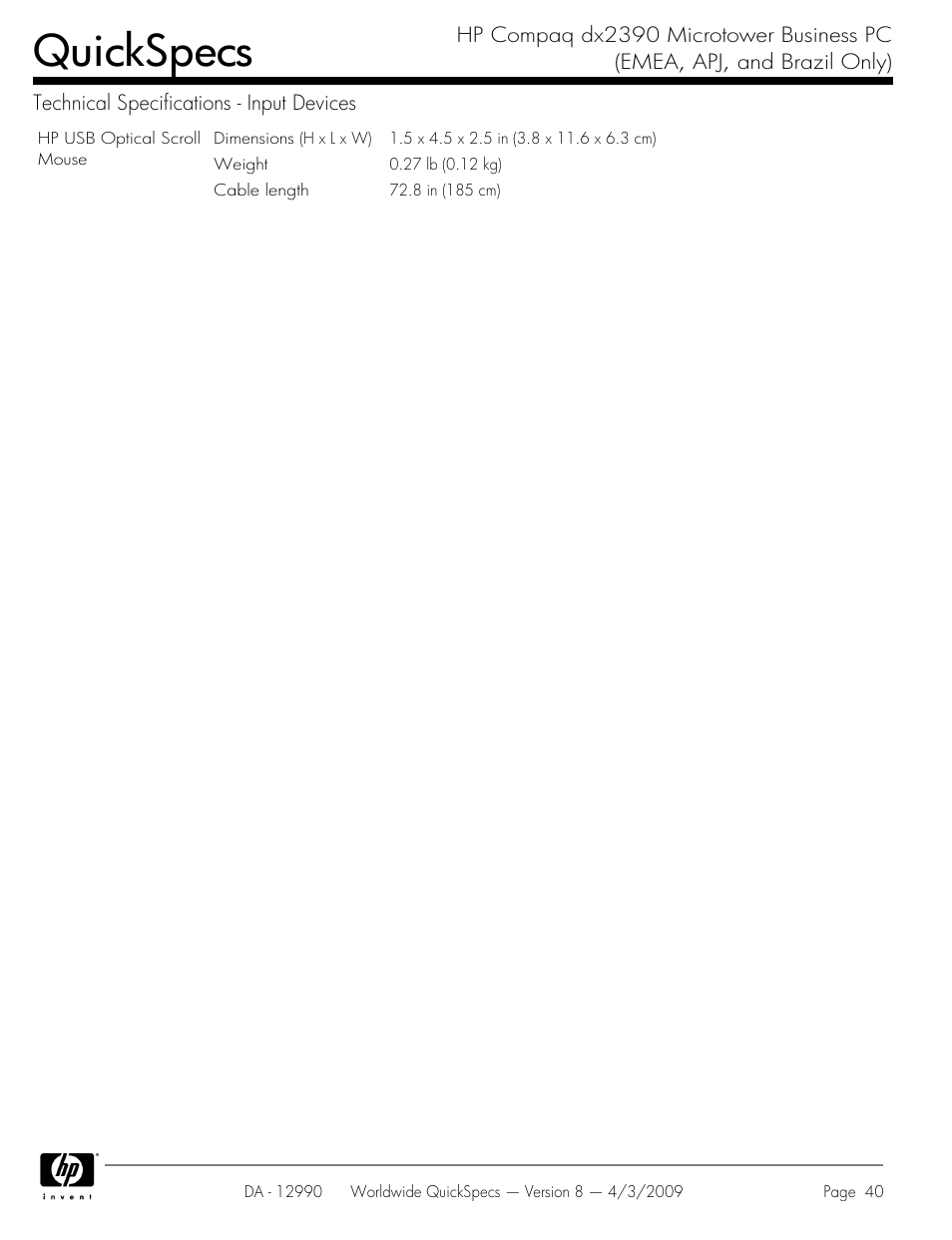 Quickspecs | HP DX2390 User Manual | Page 40 / 49