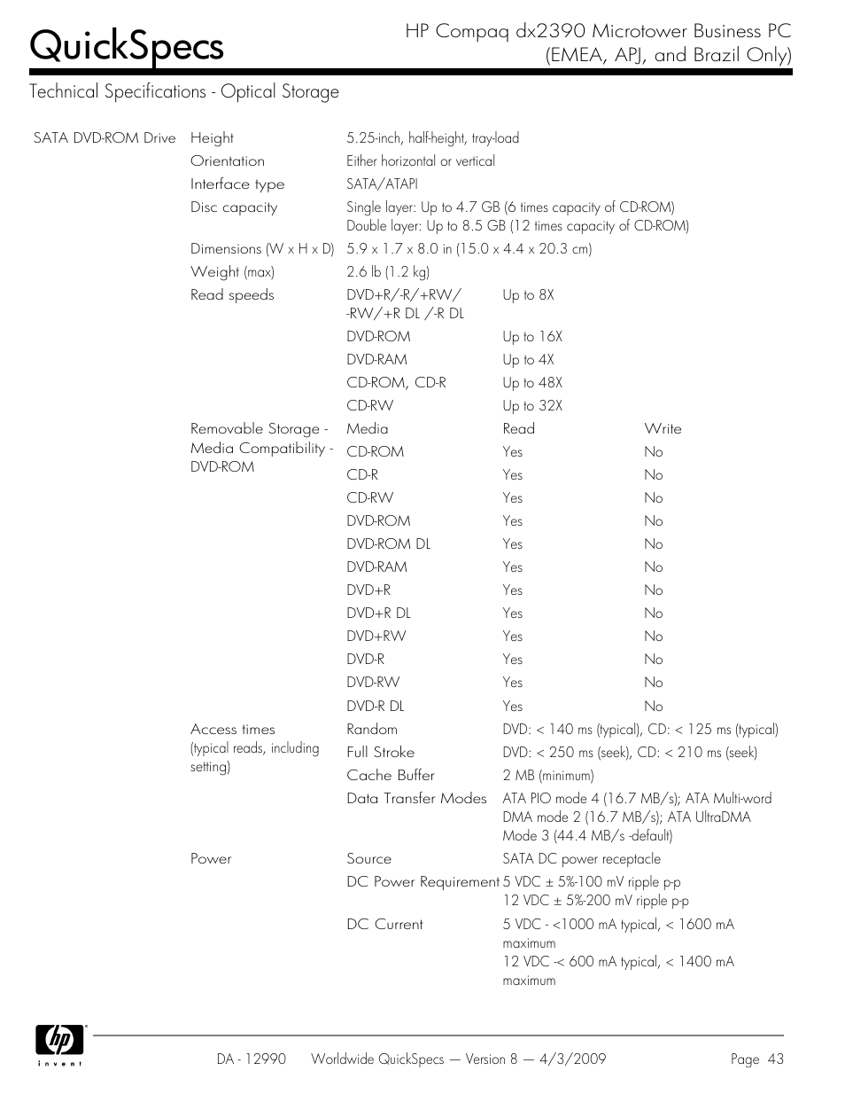 Technical specifications - optical storage, Quickspecs | HP DX2390 User Manual | Page 43 / 49