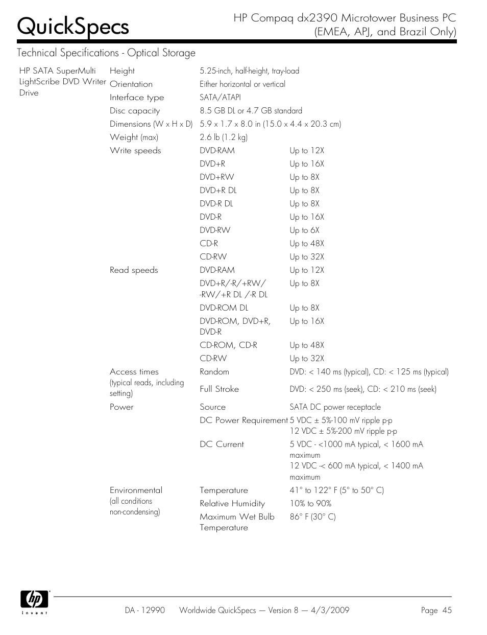 Quickspecs | HP DX2390 User Manual | Page 45 / 49