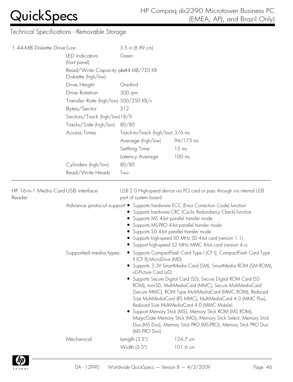 Technical specifications - removable storage, Quickspecs | HP DX2390 User Manual | Page 46 / 49
