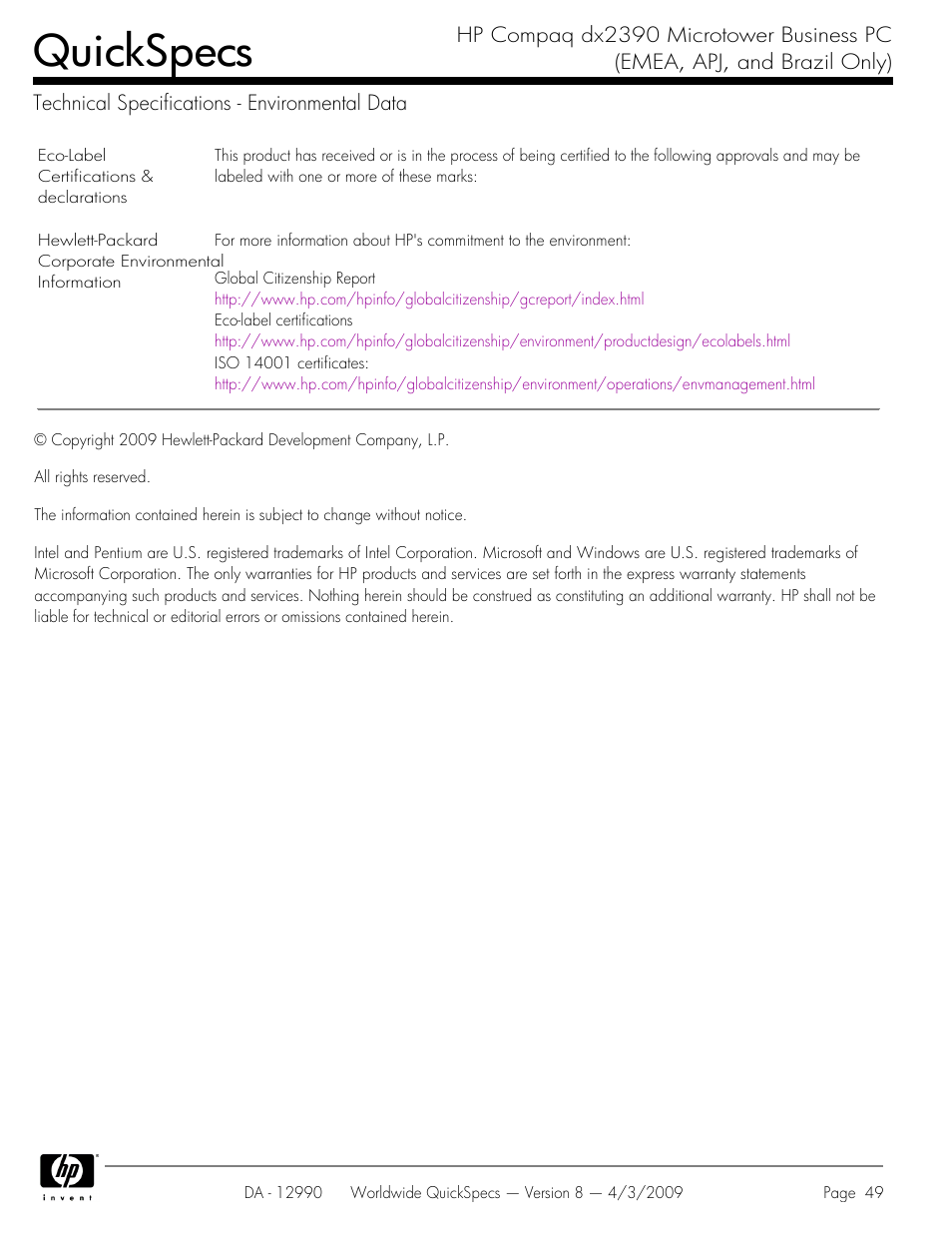 Technical specifications - environmental data, Quickspecs | HP DX2390 User Manual | Page 49 / 49