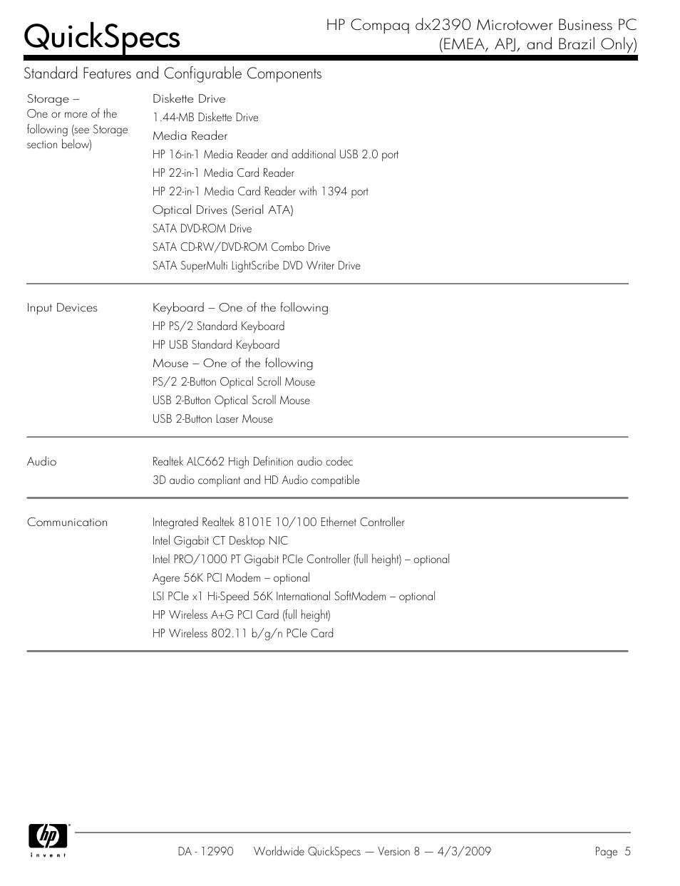 Quickspecs | HP DX2390 User Manual | Page 5 / 49