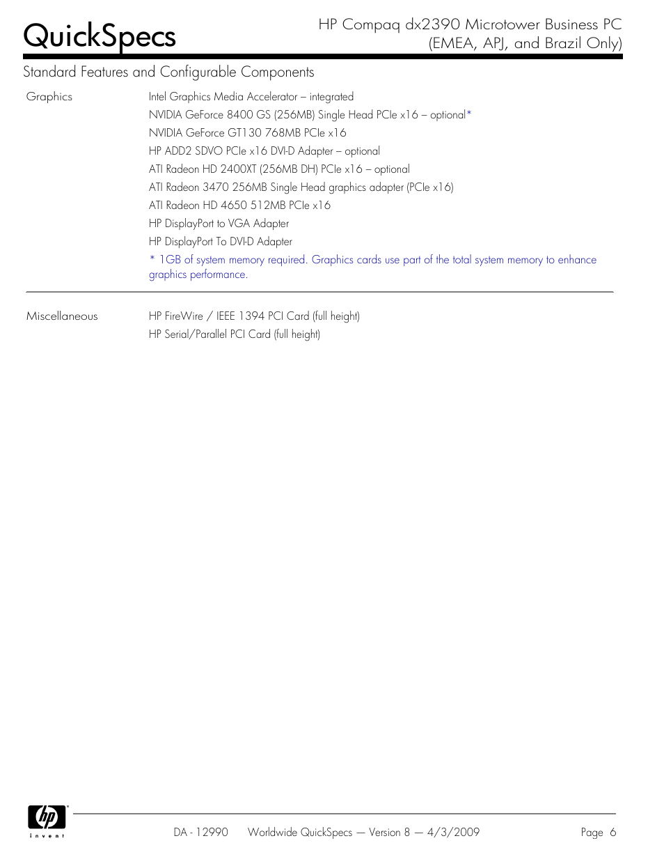 Quickspecs | HP DX2390 User Manual | Page 6 / 49