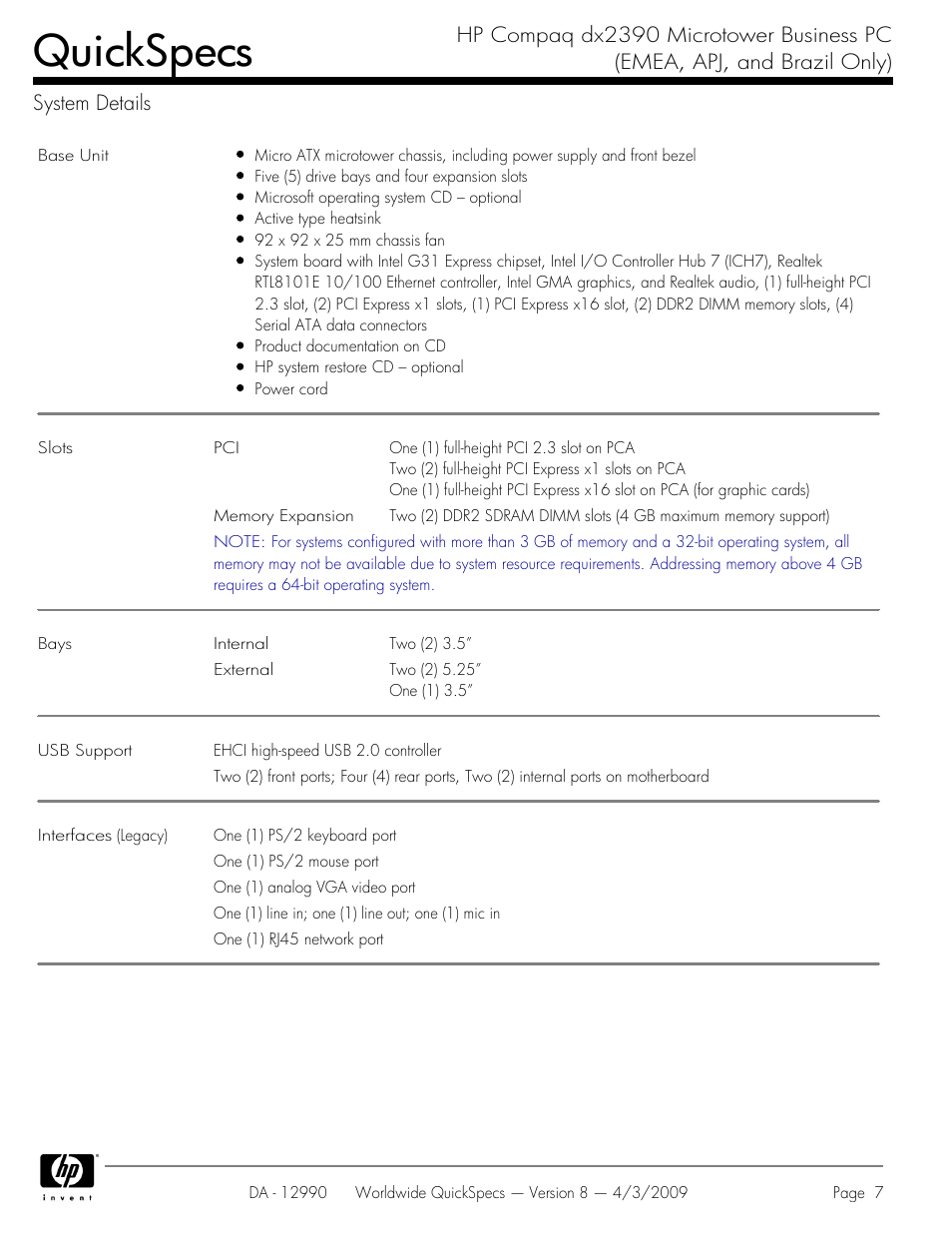 System details, Quickspecs | HP DX2390 User Manual | Page 7 / 49