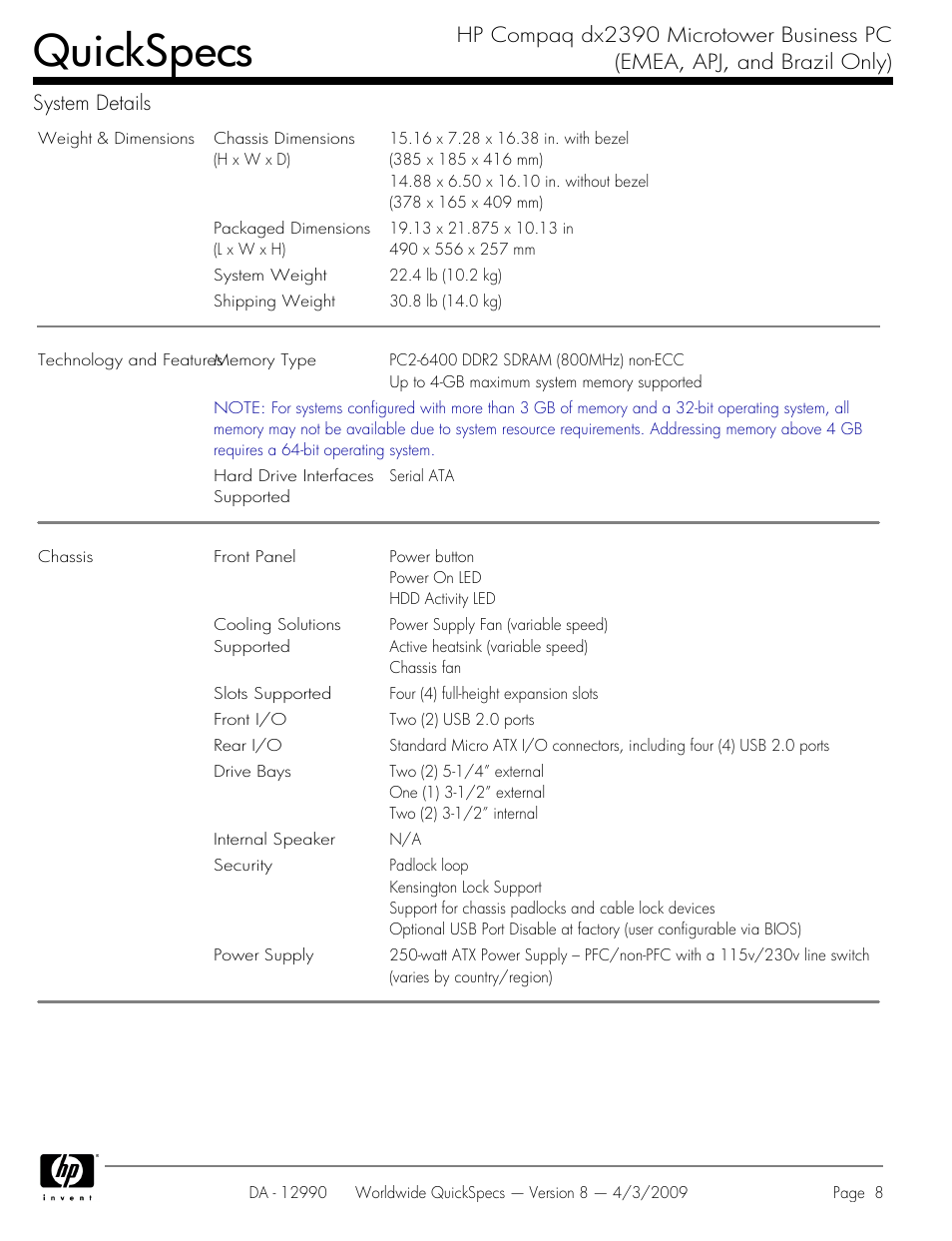 Quickspecs | HP DX2390 User Manual | Page 8 / 49