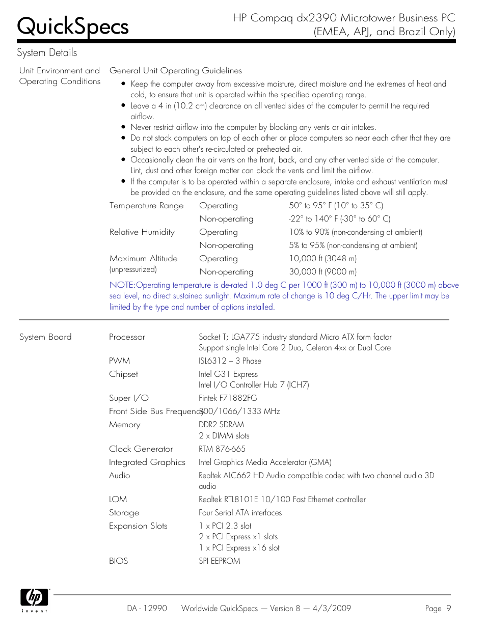 Quickspecs | HP DX2390 User Manual | Page 9 / 49